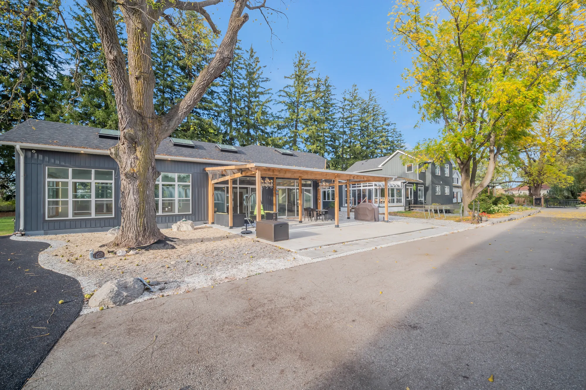 The back of the house from the drive: a single-storey part in dark siding with large windows, a cedar pergola over a patio, a large tree, the two-storey wing beyond