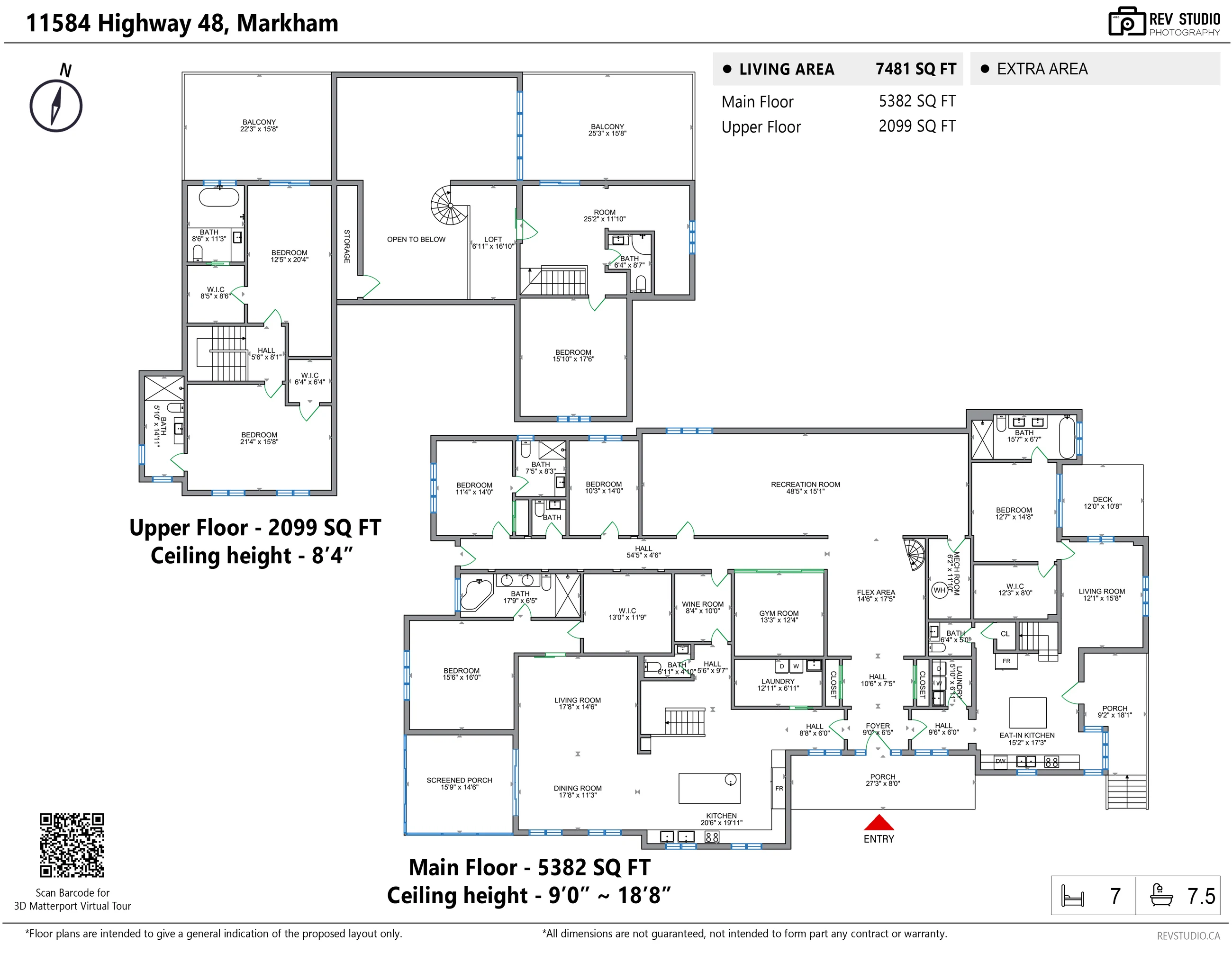 Floor plan of 11584 Highway 48: the upper floor with three bedrooms, three bathrooms, two walk-in closets, a loft over the flex area, a room with a bathroom and two balconies; the main floor with the foyer, the flex area, the recreation room, the kitchen, dining and living rooms, the screened porch, four bedrooms, the bathrooms, the gym, the wine room, two laundries, the eat-in kitchen and living room of the east wing, a deck and two porches