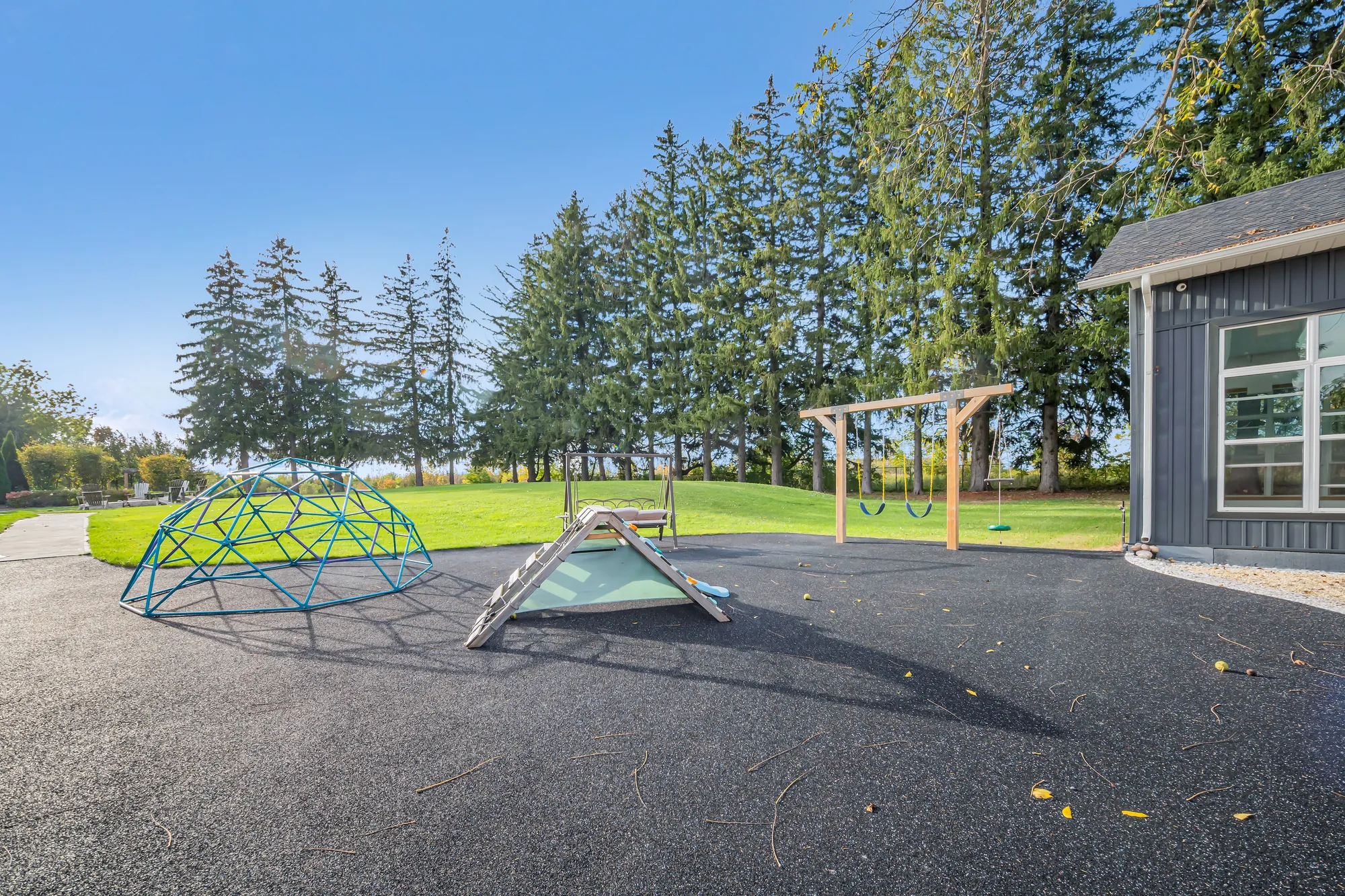 A playground on a rubber surface: a dome climber, a climbing ramp and a swing set, a lawn and tall spruce behind